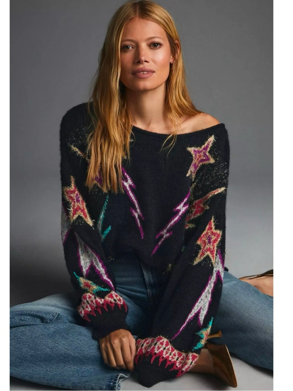Pilcro Anthropologie Women’s Small Black Neon Sparkle-Star Pullover Sweater